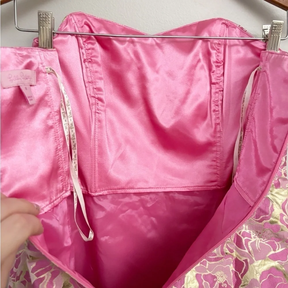 Lilly Pulitzer Silk Raya Dress Pink Gold Jacquard Mini Strapless Sweetheart Sz 8 - Picture 10 of 10